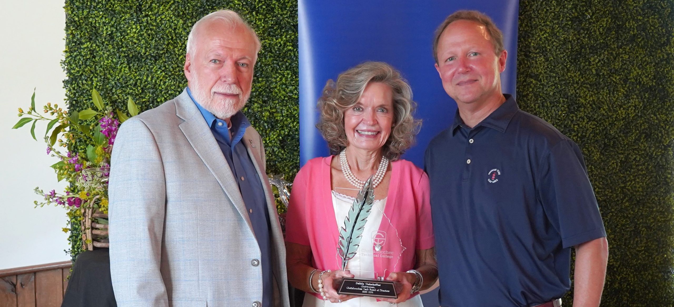 Chattahoochee Tech President Dr. Ron Newcomb, 2022-2024 Board Chair Debbie Underkoffler, and new Board Chair Ford Thigpen