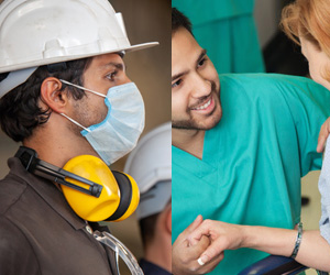 Split picture of hard hat worker and a healthcare professional in scrubs