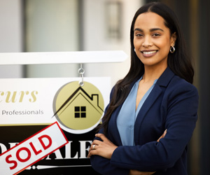 A female real estate agent smiling next to a Sold House sign